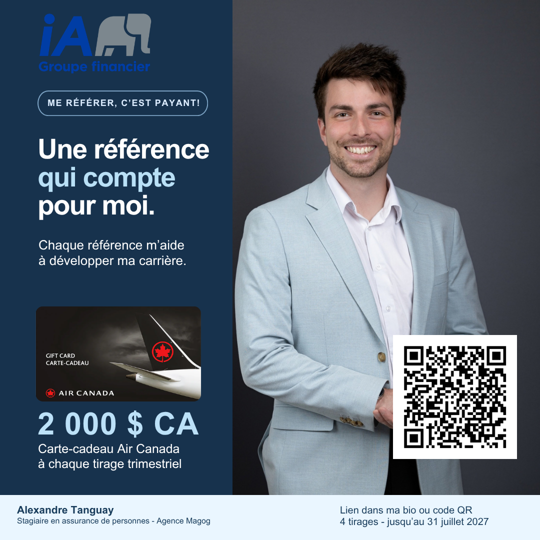 Affiche du concours Me référer, c'est payant! avec Alexandre Tanguay, une carte-cadeau Air Canada de 2 000 $ CA et un code QR
